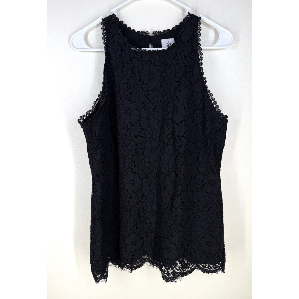 CAbi Black Floral Lace Sleeveless Tunic Top Medium Lined Blouse Floral Button